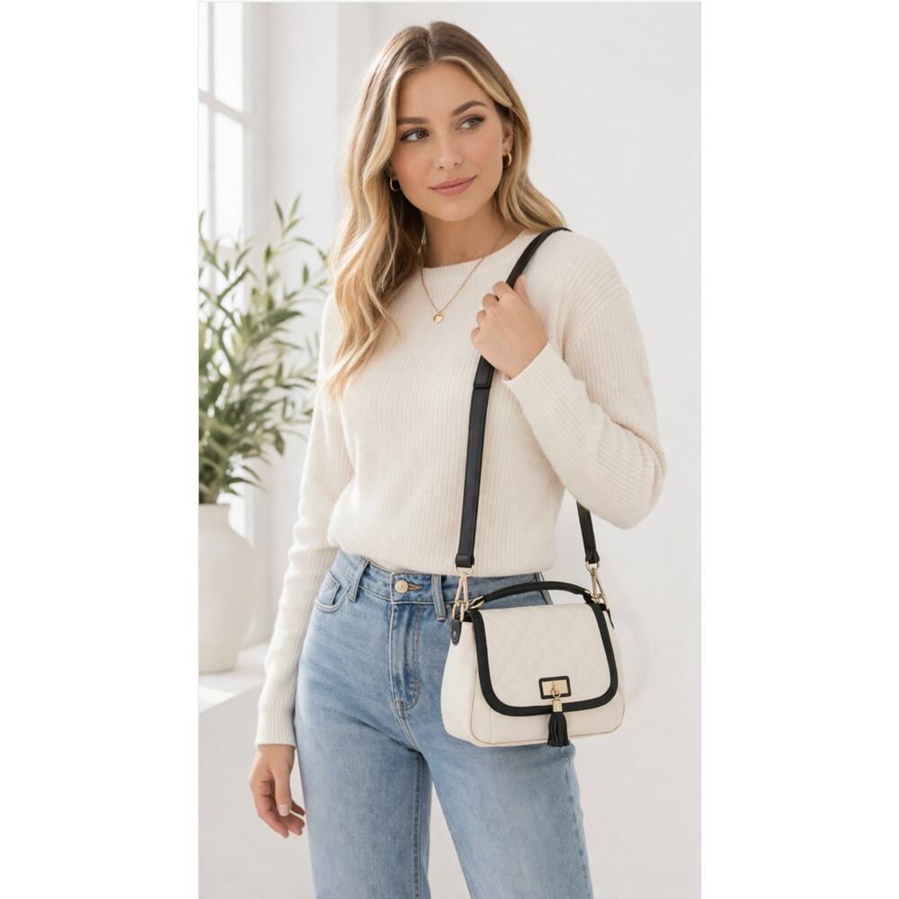 Liz Claiborne Quilted Bag Cream Black Tassel Gold Accent